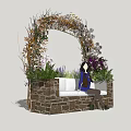 Outdoor Sofa Seating With Stone Wall Flower Arch And Lush Plants