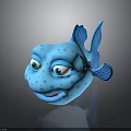 Cute Blue Cartoon Fish Head With Big Eyes Smiling Mouth Spots And Fins