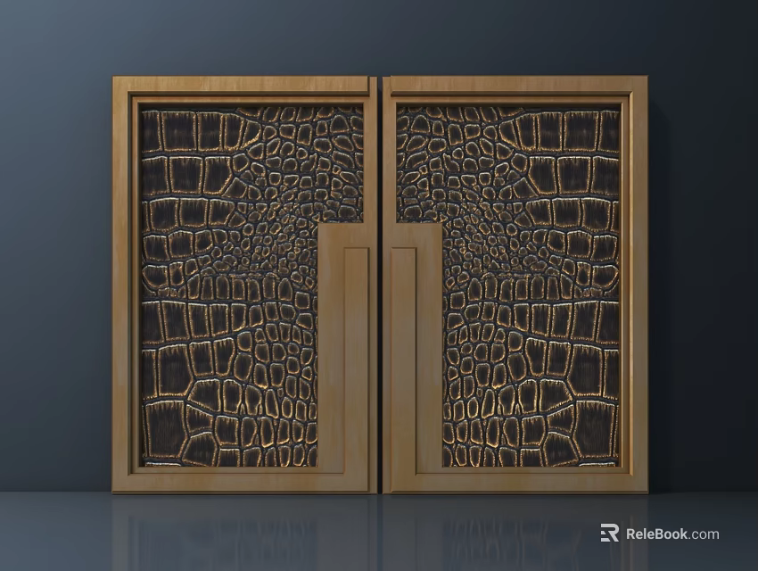 Wooden Door Handles On Decorative Wooden Doors With Crocodile Skin Texture 3d model 