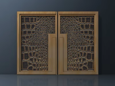 Wooden Door Handles On Decorative Wooden Doors With Crocodile Skin Texture 3d model