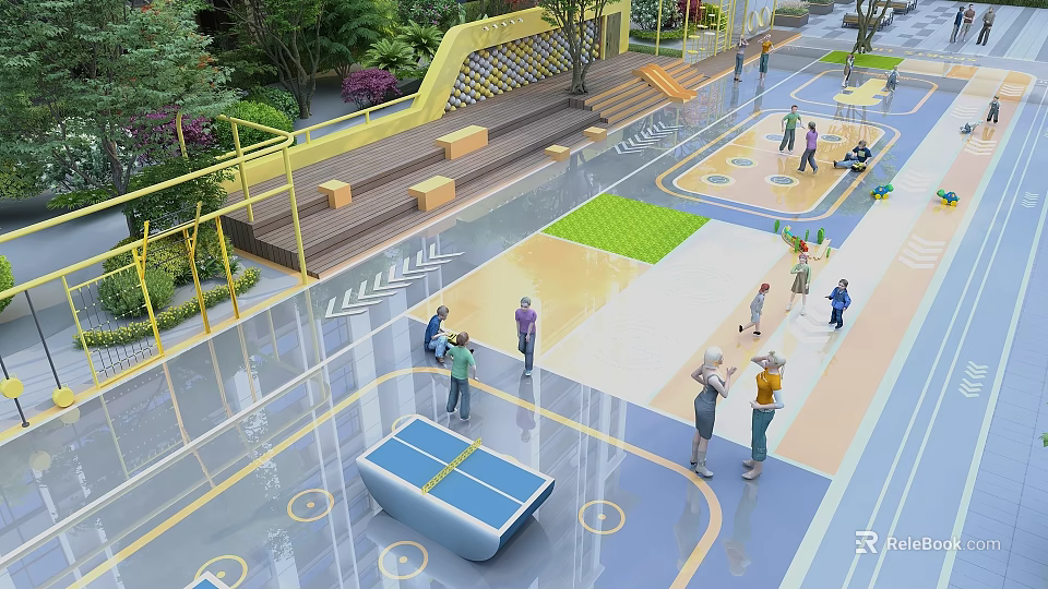 Active Outdoor Sports Fitness Area With Green Lawn Steps And People Exercising Together 3d model 