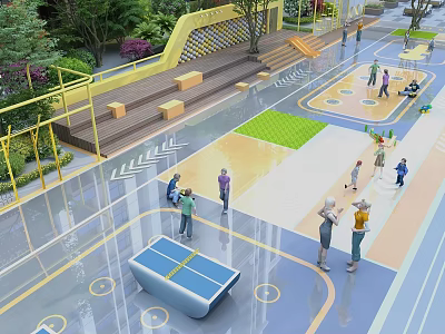 Active Outdoor Sports Fitness Area With Green Lawn Steps And People Exercising Together 3d model