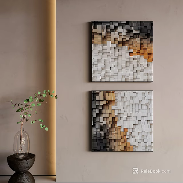 Modern Abstract Paintings With Cubes In Neutral Tones For Wall Decor 3d model