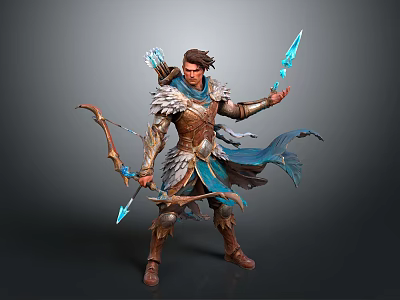 Man In Fantasy Warrior Outfit Holding Bow And Glowing Arrows With Cloak 3d model