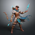Man In Fantasy Warrior Outfit Holding Bow And Glowing Arrows With Cloak