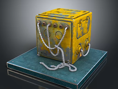 Yellow Worn Metal Cube with Gray Ropes Placed on Blue Platform Surface 3d model
