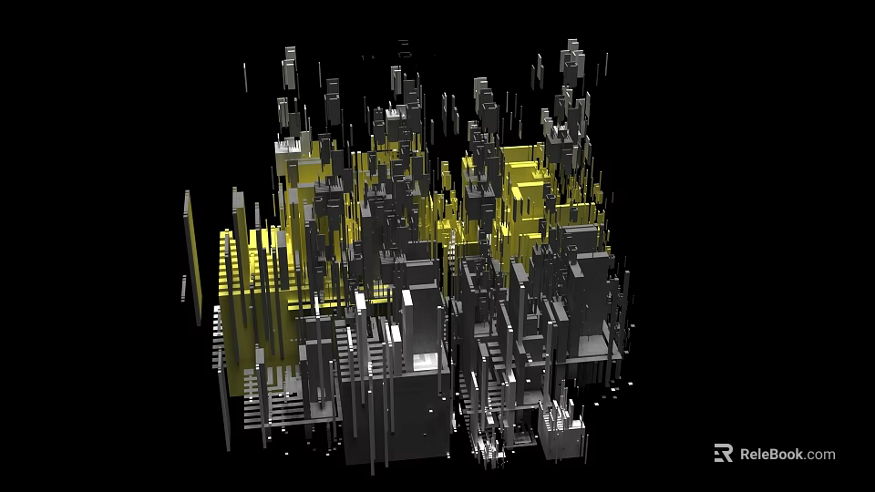 Airplane Flying Over Abstract Cityscape With Black And Yellow Geometric Structures 3d model 