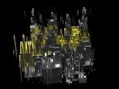 Airplane Flying Over Abstract Cityscape With Black And Yellow Geometric Structures 3d model