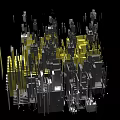 Airplane Flying Over Abstract Cityscape With Black And Yellow Geometric Structures