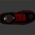 High Top Black Red Patterned Sneakers With Red Laces Gray Sole And Tongue Logo