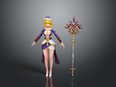 Blonde Female Sorceress Character With Crown In Elegant Purple White Outfit And Intricate Gemmed Staff 3d model