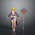 Blonde Female Sorceress Character With Crown In Elegant Purple White Outfit And Intricate Gemmed Staff