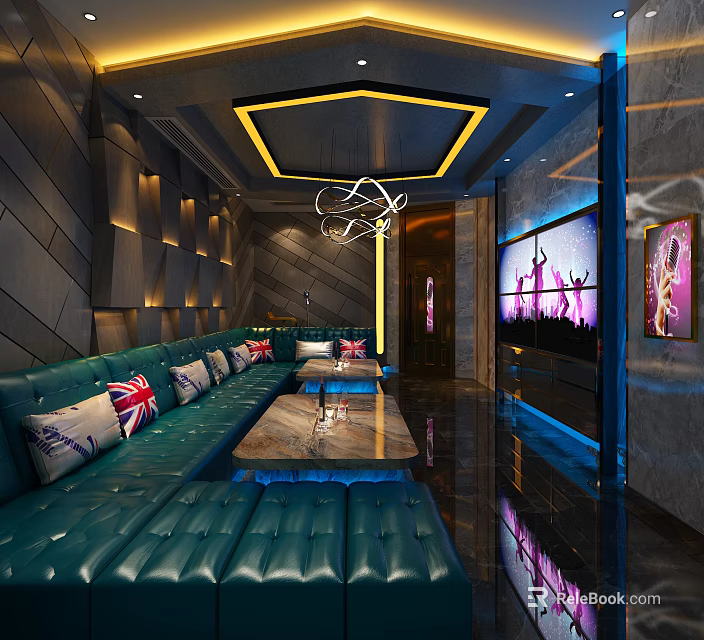 Modern KTV Lounge Interior With Green Leather Sofas Marble Table And Large Screen 3d model