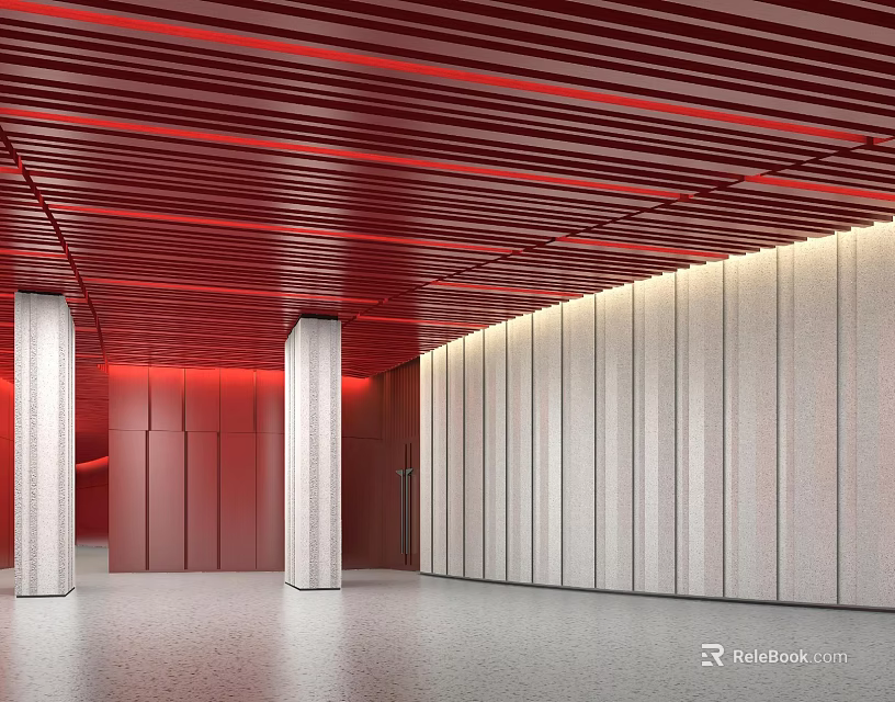 Modern Office Corridor Interior Design With Red Ceiling Strips White Pillars And Walls 3d model
