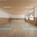 Spacious Fitness Yoga Studio With Wooden Floor Blue Mats Barres And Windows