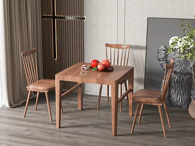Natural Wood Square Dining Table and Chairs Set with Fruits and Decorative Plants 3d model
