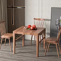 Natural Wood Square Dining Table and Chairs Set with Fruits and Decorative Plants