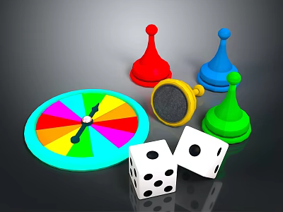 Colorful Board Game Accessories Featuring Spinner Wheel Dice And Red Blue Green Yellow Cone Markers 3d model