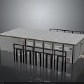 Small Building With Gray Roof Gray Walls Multiple Windows Metal Fence Gate And Stone Foundation