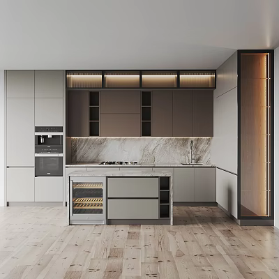 Modern Open Kitchen Interior With Marble Countertop Island Cabinets Appliances And Lighting 3d model