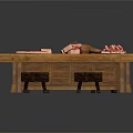 Rustic Wooden Butcher Table With Raw Meat Pieces Stools And Hanging Tools