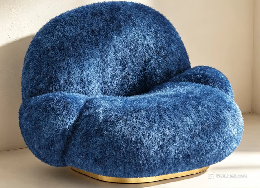 Plush Blue Furry Single Sofa With Round Shape And Gold Base 3d model 