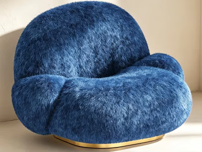Plush Blue Furry Single Sofa With Round Shape And Gold Base 3d model