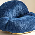 Plush Blue Furry Single Sofa With Round Shape And Gold Base