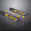 Pair of Kirby Skateboards With Yellow Wheels Pink Edges on Dark Background