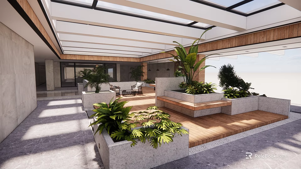 Modern Leisure Area Design With Glass Roof Wooden Deck Green Plants And Seating 3d model 