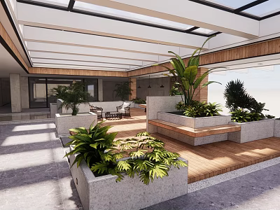 Modern Leisure Area Design With Glass Roof Wooden Deck Green Plants And Seating 3d model