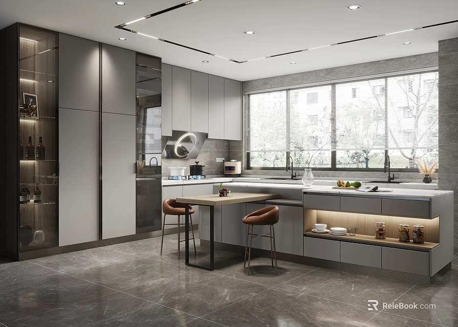 Modern Kitchen Interior With Gray Cabinets Large Windows Marble Floor Island Counter And Bar Stools 3d model 
