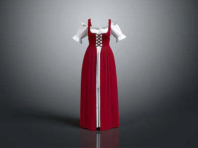 Traditional Bavarian Dirndl Dress With Red Skirt White Sleeves And Front Lacing Design 3d model