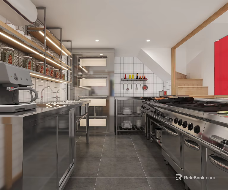 Modern Commercial Kitchen With Stainless Steel Kitchenware Tile Wall Shelves Coffee Machine And Multiple Burners 3d model 