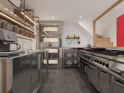 Modern Commercial Kitchen With Stainless Steel Kitchenware Tile Wall Shelves Coffee Machine And Multiple Burners 3d model