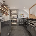 Modern Commercial Kitchen With Stainless Steel Kitchenware Tile Wall Shelves Coffee Machine And Multiple Burners