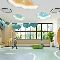 Kindergarten Interior Featuring Cloud Ceiling Lights Large Windows Giraffe Toy Green Bench And Children 3d model