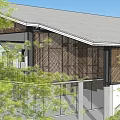 Modern Building Exterior Featuring Wooden Grille Glass Walls Columns Trees And Staircase