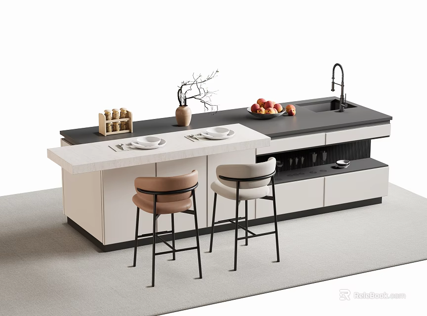 Modern Bar Counter With White And Black Top Tableware Fruits Vase And Bar Stools 3d model 