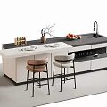 Modern Bar Counter With White And Black Top Tableware Fruits Vase And Bar Stools