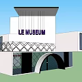 Modern Style Museum Building Featuring Arched Entrance Balcony Glass Windows and Metal Railings