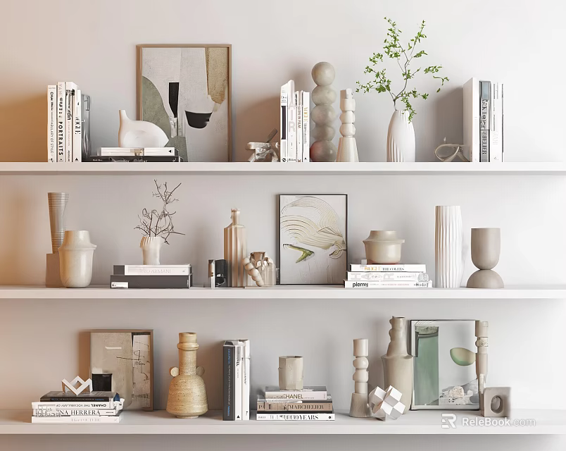 Neutral Tones Decorative Ornament Set on Shelves with Books Sculptures Vases Plants and Frames 3d model 