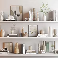 Neutral Tones Decorative Ornament Set on Shelves with Books Sculptures Vases Plants and Frames