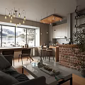 Modern Industrial Dining Kitchen Interior With Brick Wall Wooden Counter And Pendant Lights