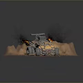 Yellow Off Road Vehicle Driving On Gravel Terrain Kicking Up Dust With Flames