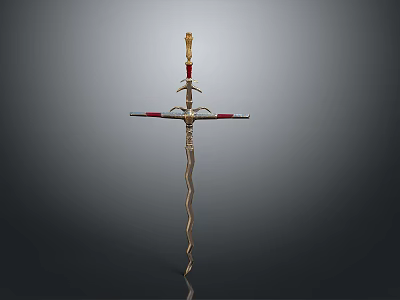Decorative Weapon With Golden Top Red Accents Curved Hilt And Cross Shaped Design 3d model