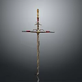 Decorative Weapon With Golden Top Red Accents Curved Hilt And Cross Shaped Design