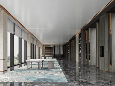 Modern Store Front Desk Interior Design With Wooden Counter And Ambient Lighting 3d model
