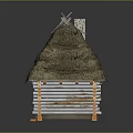 Traditional Wooden House Architecture With Thatched Roof Log Walls And Small Windows