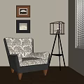 Accent Chair With Patterned Upholstery And Wicker Floor Lamp By Wall Frames And Window Blinds 3d model